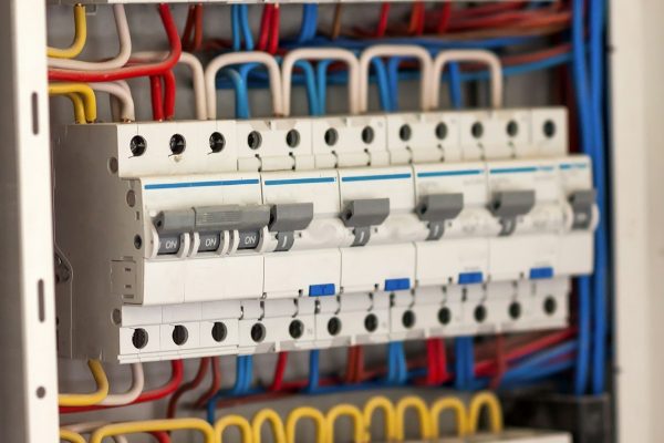 Electical distribution fuseboard. Electrical supplies. Electrical panel at a assembly line factory